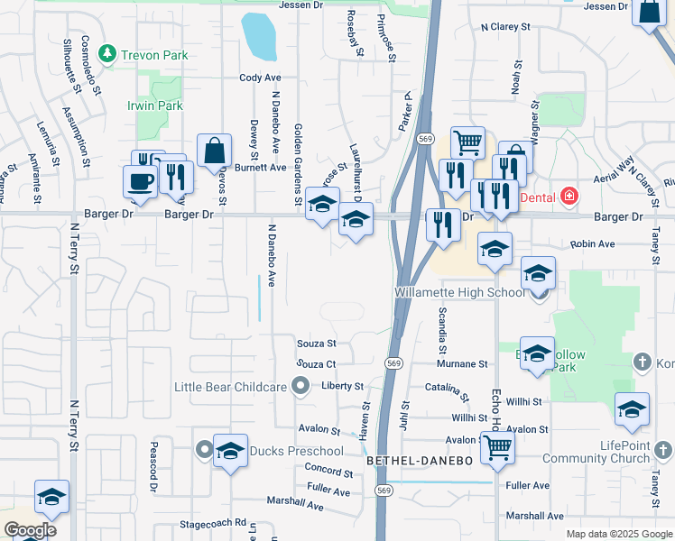 map of restaurants, bars, coffee shops, grocery stores, and more near 4656 Barger Drive in Eugene