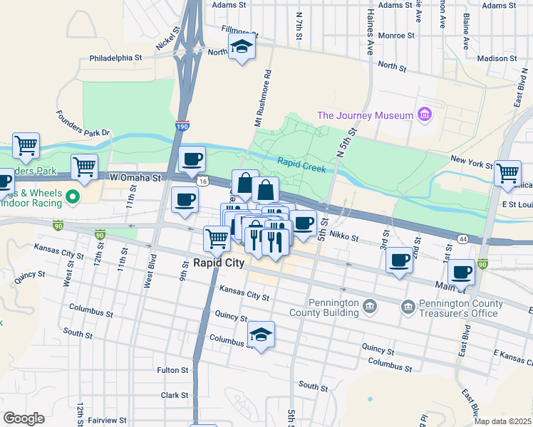 map of restaurants, bars, coffee shops, grocery stores, and more near 320 7th Street in Rapid City