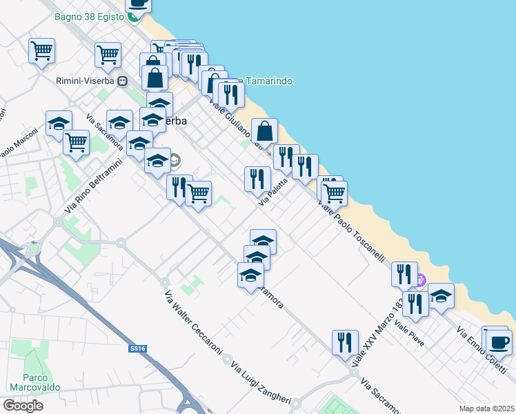 map of restaurants, bars, coffee shops, grocery stores, and more near 36 Viale Palotta in Rimini