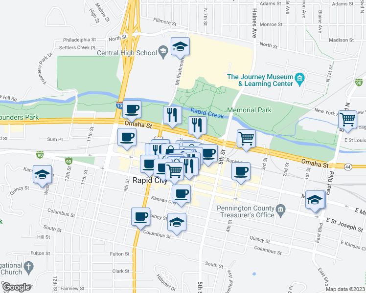 map of restaurants, bars, coffee shops, grocery stores, and more near 320 7th Street in Rapid City