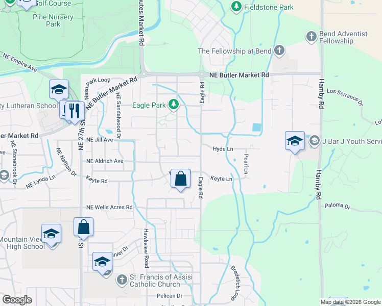 map of restaurants, bars, coffee shops, grocery stores, and more near 62825 Eagle Road in Bend