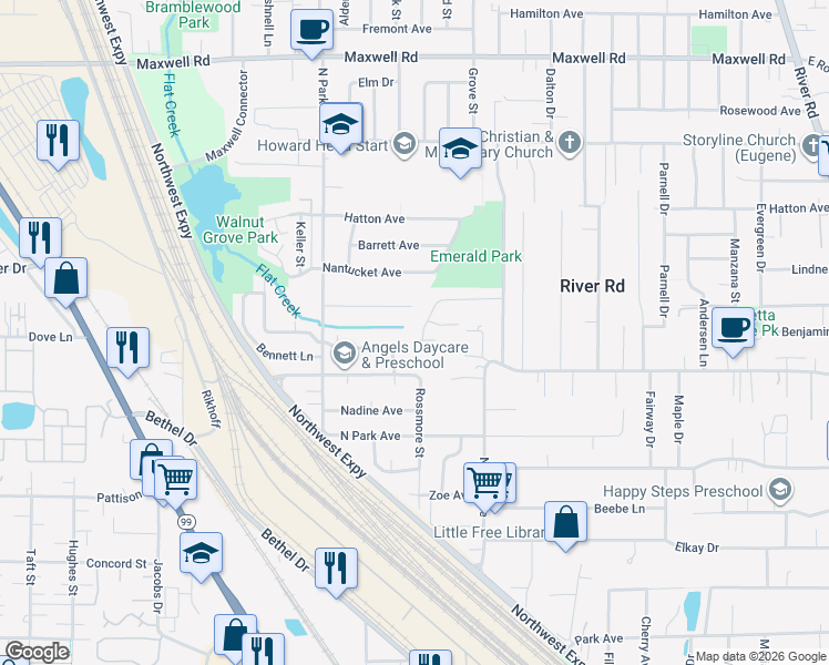 map of restaurants, bars, coffee shops, grocery stores, and more near 805 Virgil Avenue in Eugene