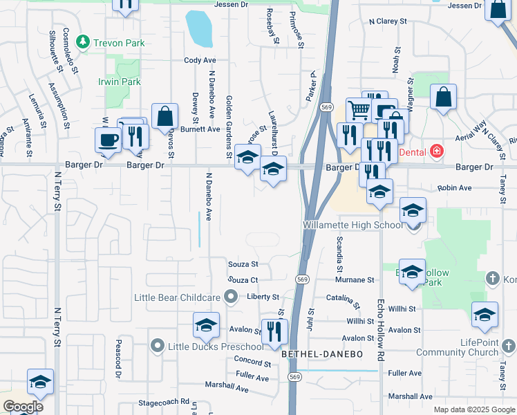 map of restaurants, bars, coffee shops, grocery stores, and more near 4656 Barger Dr in Eugene