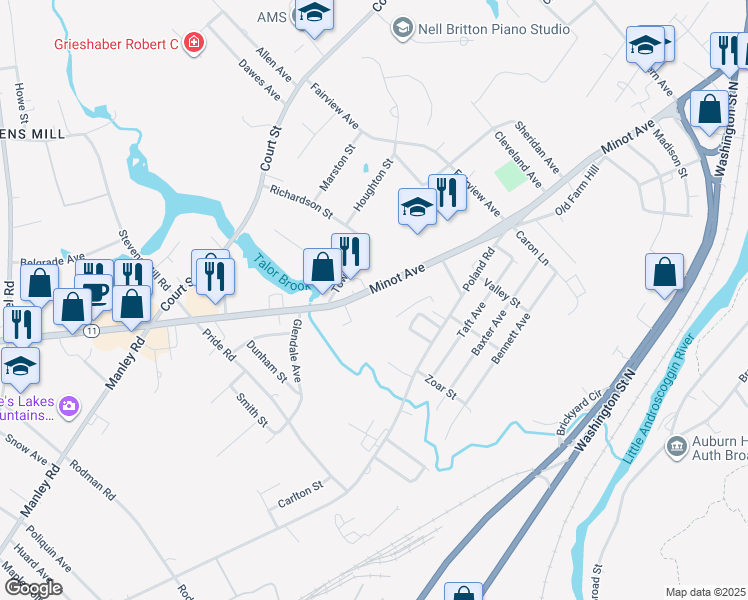 map of restaurants, bars, coffee shops, grocery stores, and more near 520 Minot Avenue in Auburn