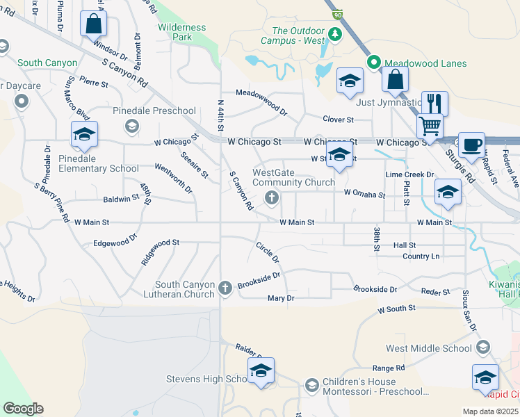 map of restaurants, bars, coffee shops, grocery stores, and more near 404 South Canyon Road in Rapid City