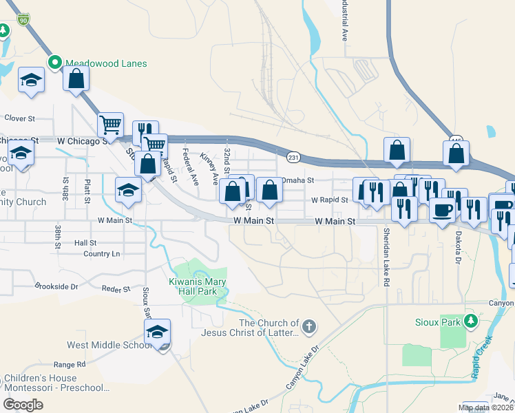 map of restaurants, bars, coffee shops, grocery stores, and more near 3030 West Rapid Street in Rapid City