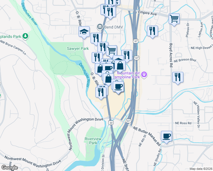 map of restaurants, bars, coffee shops, grocery stores, and more near 3198 North Highway 97 in Bend