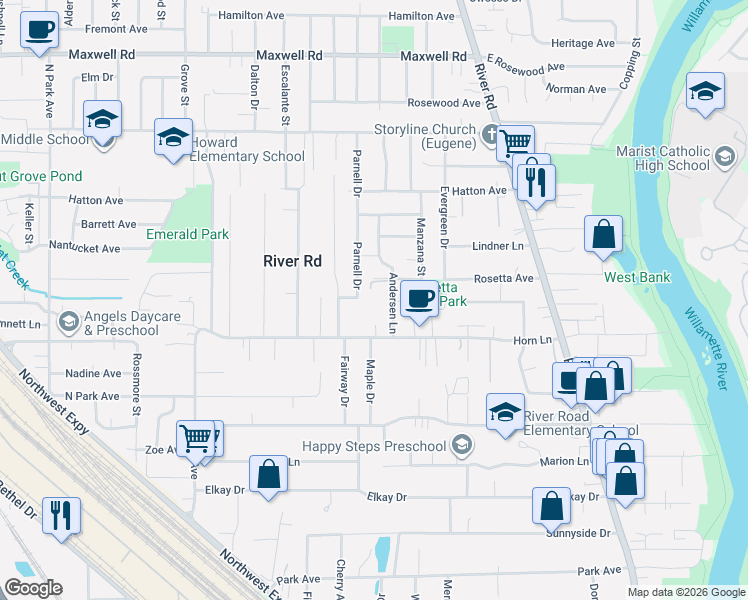 map of restaurants, bars, coffee shops, grocery stores, and more near 1321 Betty Lane in Eugene