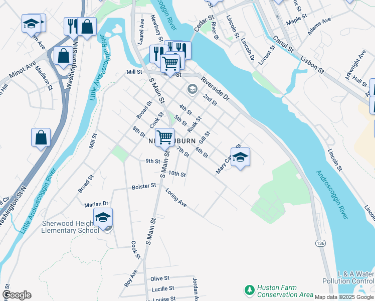 map of restaurants, bars, coffee shops, grocery stores, and more near 126 6th Street in Auburn