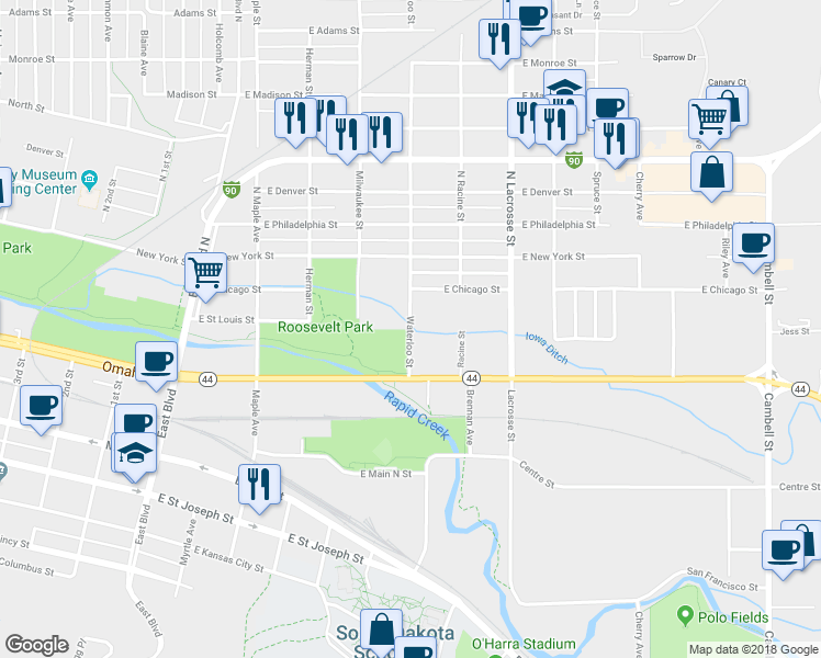 map of restaurants, bars, coffee shops, grocery stores, and more near 100 Waterloo Street in Rapid City