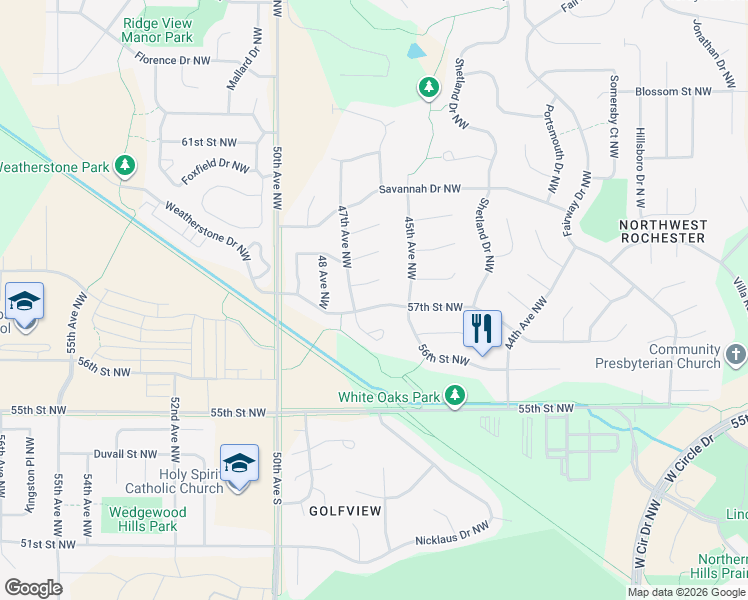 map of restaurants, bars, coffee shops, grocery stores, and more near 4611 58 Lane Northwest in Rochester