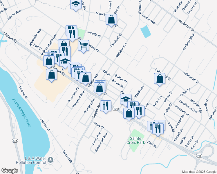 map of restaurants, bars, coffee shops, grocery stores, and more near 199 Webber Avenue in Lewiston