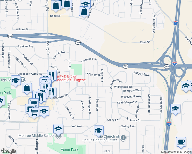 map of restaurants, bars, coffee shops, grocery stores, and more near 3242 Kentwood Drive in Eugene