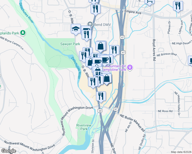 map of restaurants, bars, coffee shops, grocery stores, and more near 3188 The Dalles-California Highway in Bend