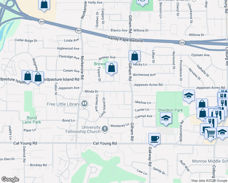 map of restaurants, bars, coffee shops, grocery stores, and more near 1901 Minda Drive in Eugene
