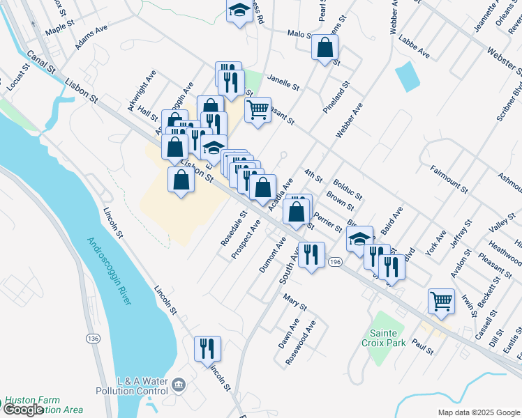 map of restaurants, bars, coffee shops, grocery stores, and more near 163 Rosedale Street in Lewiston