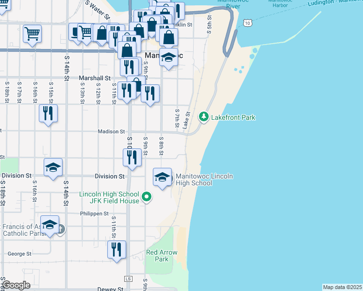 map of restaurants, bars, coffee shops, grocery stores, and more near 1323 South 7th Street in Manitowoc