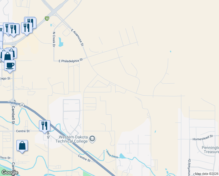 map of restaurants, bars, coffee shops, grocery stores, and more near Unnamed Road in Rapid City