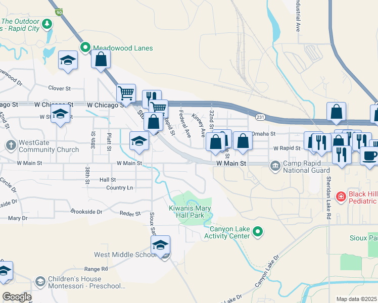 map of restaurants, bars, coffee shops, grocery stores, and more near 270 Federal Avenue in Rapid City