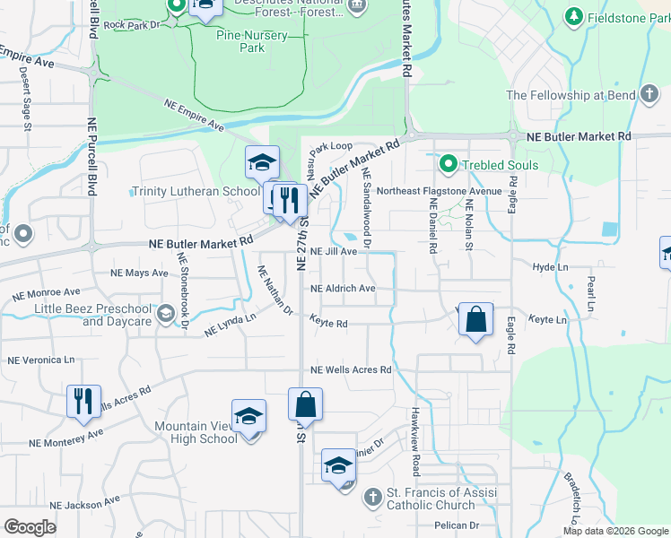 map of restaurants, bars, coffee shops, grocery stores, and more near 3198 Northeast Coho Street in Bend