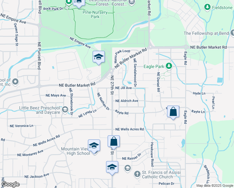 map of restaurants, bars, coffee shops, grocery stores, and more near 3195 Northeast Delmas Street in Bend