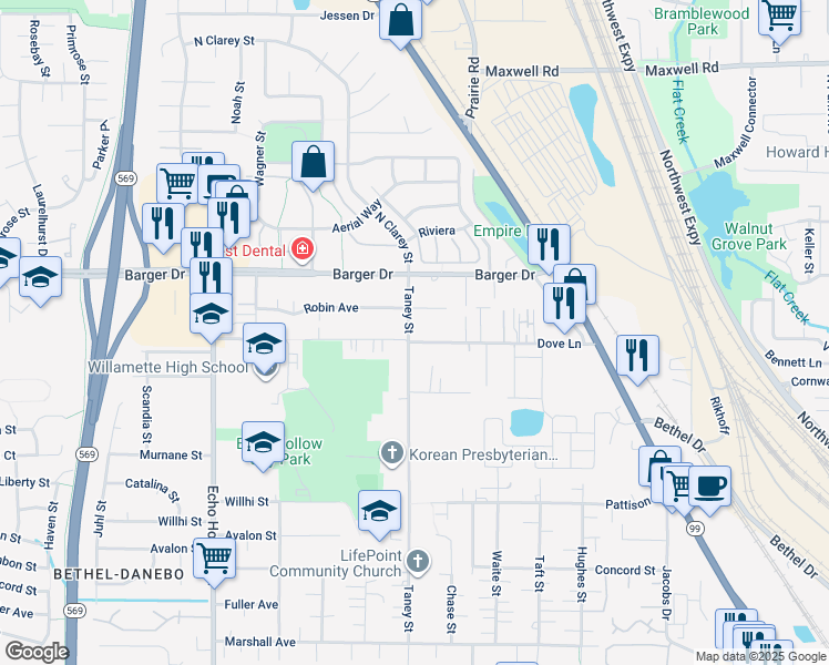 map of restaurants, bars, coffee shops, grocery stores, and more near 1949 Taney Street in Eugene