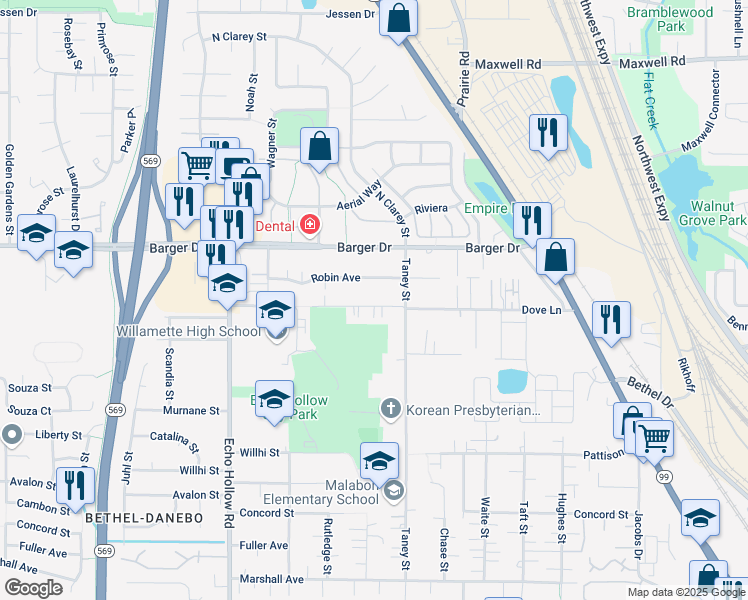 map of restaurants, bars, coffee shops, grocery stores, and more near 3958 Robin Avenue in Eugene