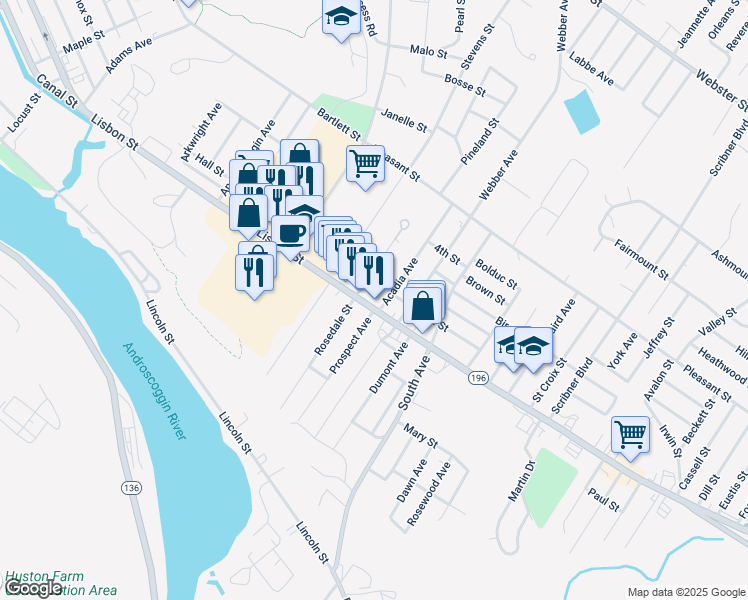 map of restaurants, bars, coffee shops, grocery stores, and more near 163 Rosedale Street in Lewiston