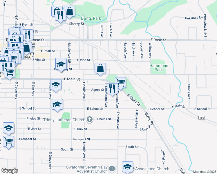 map of restaurants, bars, coffee shops, grocery stores, and more near 565 East Main Street in Owatonna