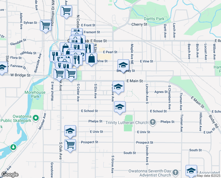 map of restaurants, bars, coffee shops, grocery stores, and more near 233 East Main Street in Owatonna