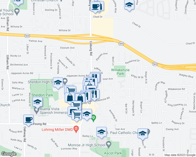 map of restaurants, bars, coffee shops, grocery stores, and more near 1710 Adkins Street in Eugene