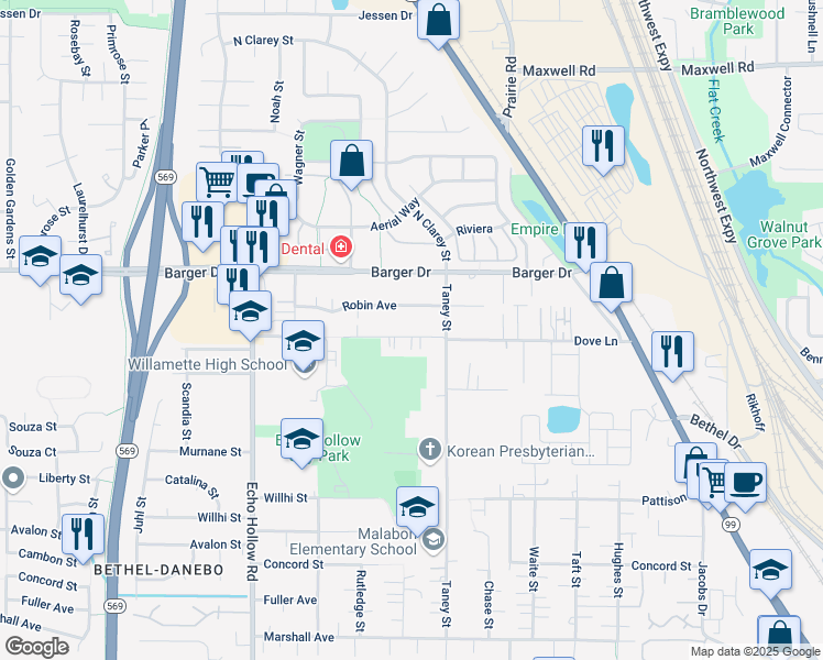 map of restaurants, bars, coffee shops, grocery stores, and more near 3958 Robin Avenue in Eugene