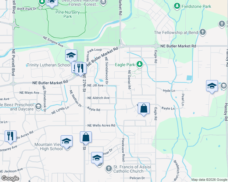 map of restaurants, bars, coffee shops, grocery stores, and more near 3231 Northeast Spring Creek Place in Bend