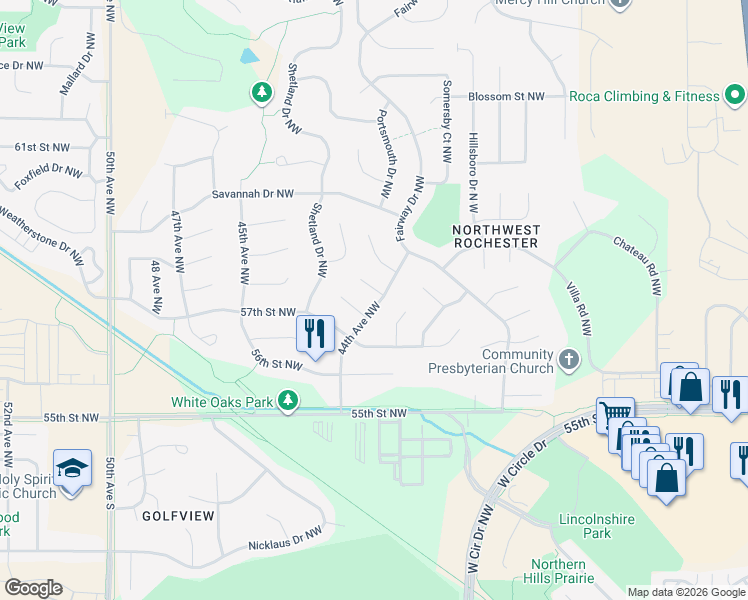 map of restaurants, bars, coffee shops, grocery stores, and more near 4417 Newcastle Lane Northwest in Rochester