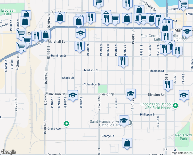 map of restaurants, bars, coffee shops, grocery stores, and more near 1316 South 18th Street in Manitowoc