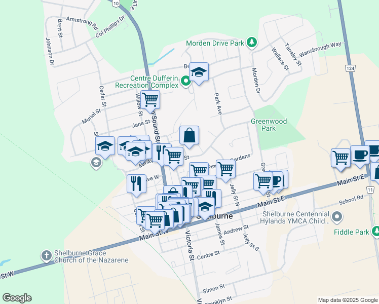 map of restaurants, bars, coffee shops, grocery stores, and more near 314 Shelburne Place in Shelburne
