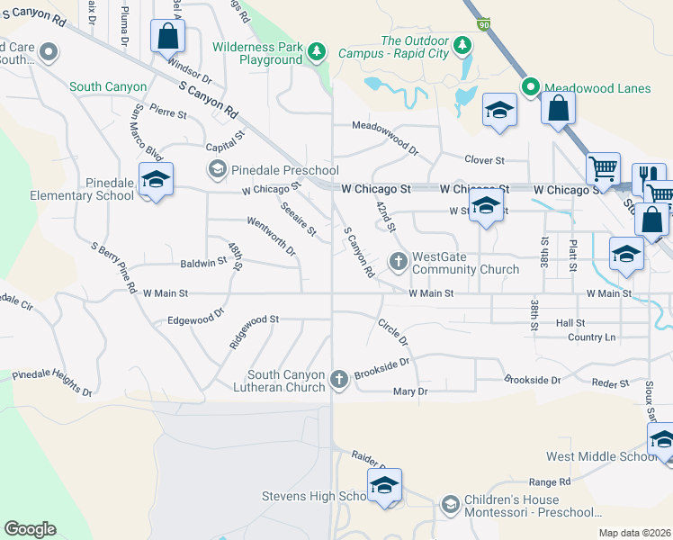map of restaurants, bars, coffee shops, grocery stores, and more near 35 South Canyon Road in Rapid City
