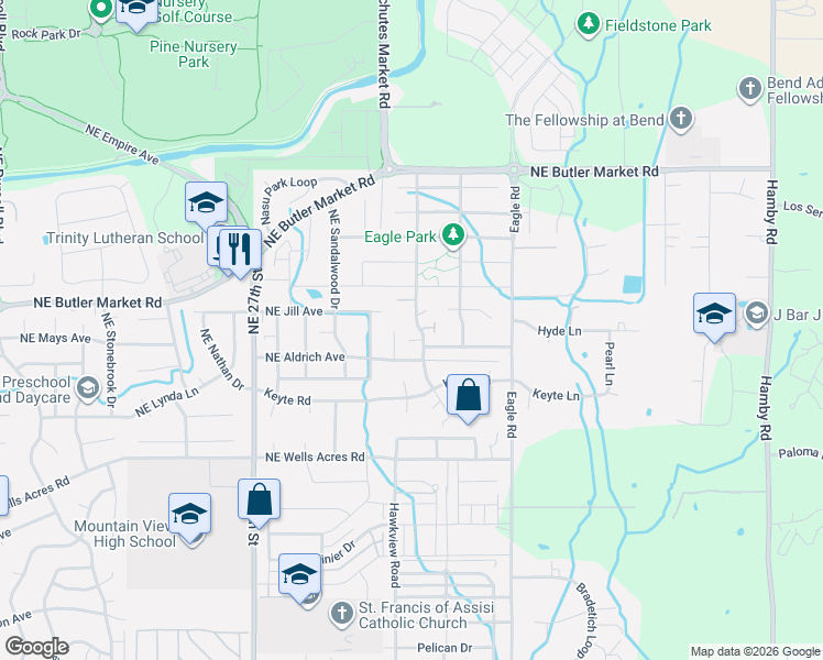 map of restaurants, bars, coffee shops, grocery stores, and more near 62867 Daniel Road in Bend