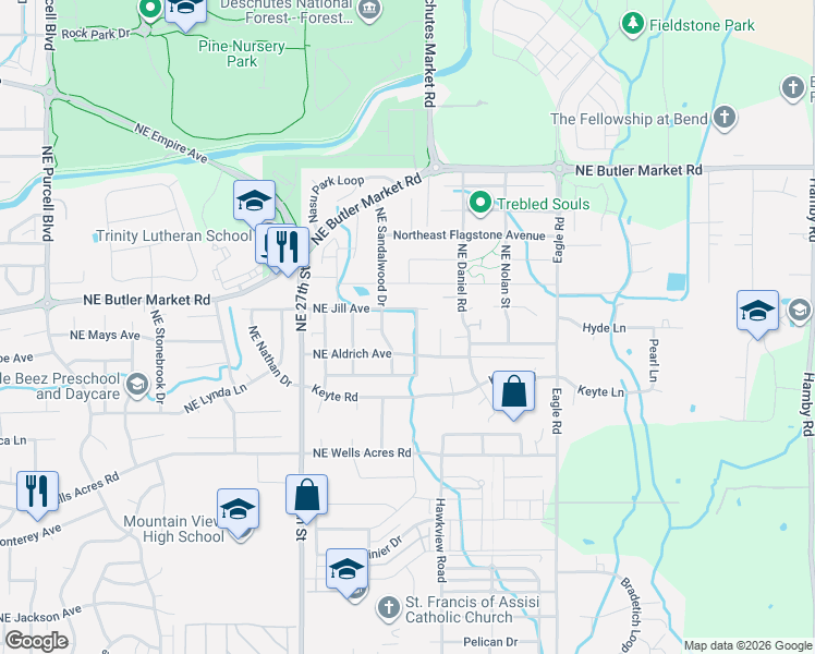 map of restaurants, bars, coffee shops, grocery stores, and more near 2846 Northeast Jill Avenue in Bend