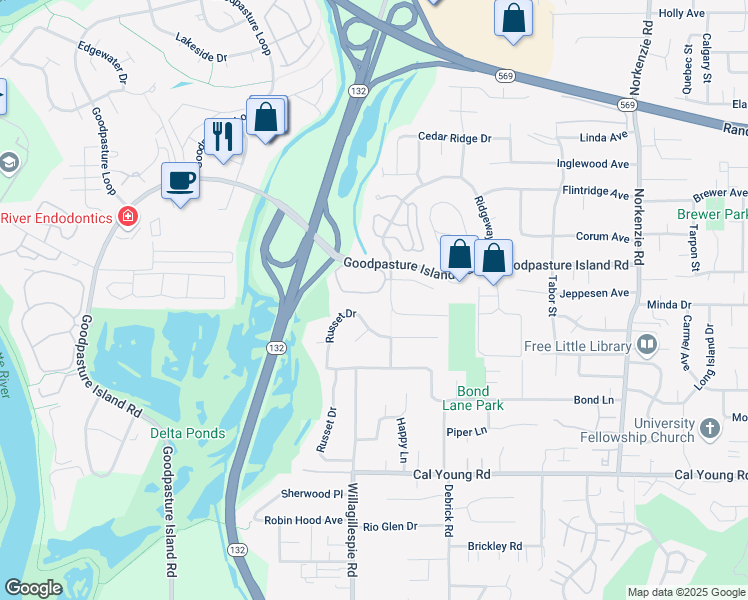 map of restaurants, bars, coffee shops, grocery stores, and more near 1844 Happy Lane in Eugene