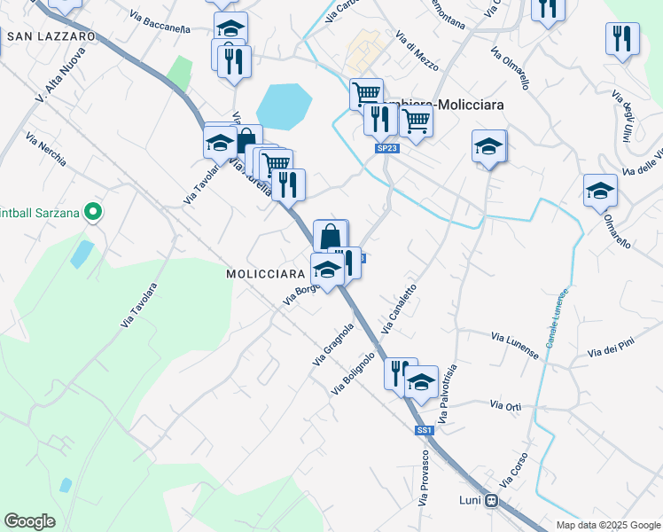 map of restaurants, bars, coffee shops, grocery stores, and more near 207 Strada Statale 1 in Colombiera-molicciara