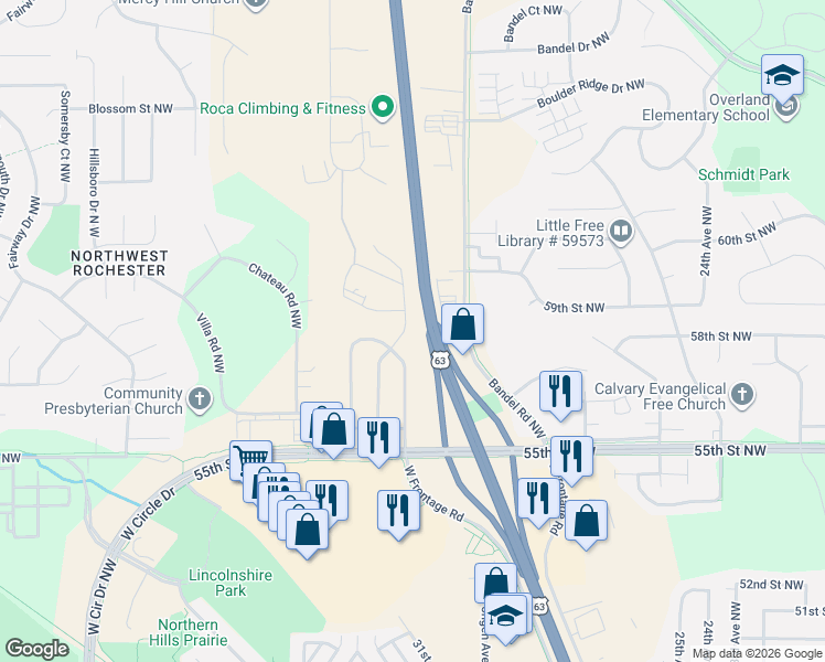 map of restaurants, bars, coffee shops, grocery stores, and more near 5824 Silas Dent Road Northwest in Rochester
