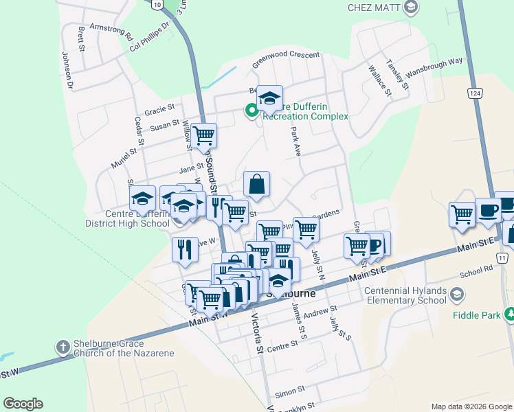 map of restaurants, bars, coffee shops, grocery stores, and more near 250 Robert Street in Shelburne