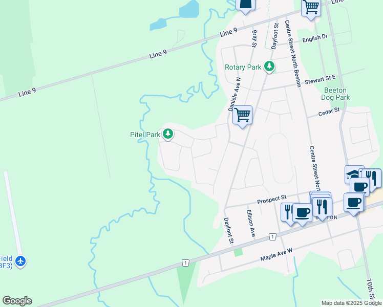 map of restaurants, bars, coffee shops, grocery stores, and more near 55 McCullough Avenue in New Tecumseth