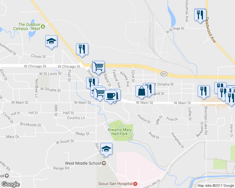map of restaurants, bars, coffee shops, grocery stores, and more near 3315 West Rapid Street in Rapid City