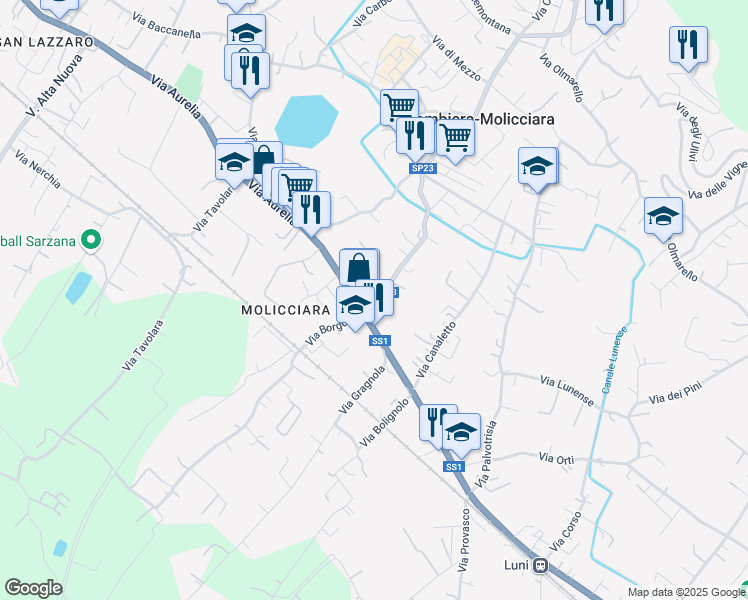 map of restaurants, bars, coffee shops, grocery stores, and more near 22 Via Salicello in Colombiera-molicciara