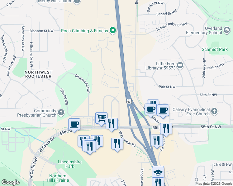 map of restaurants, bars, coffee shops, grocery stores, and more near 5824 Silas Dent Road Northwest in Rochester