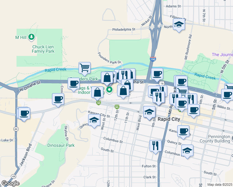 map of restaurants, bars, coffee shops, grocery stores, and more near 811 12th Street in Rapid City