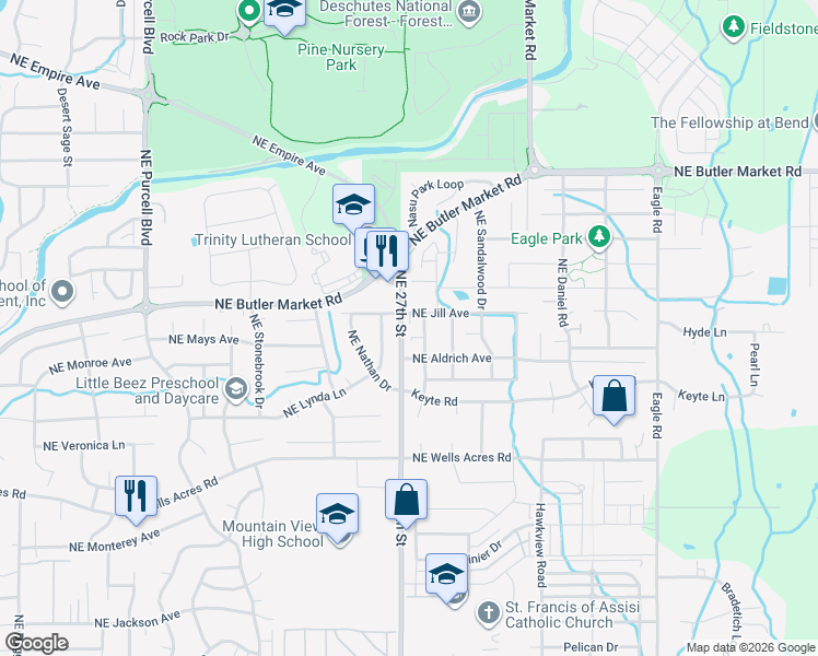 map of restaurants, bars, coffee shops, grocery stores, and more near 2703 Northeast Jill Avenue in Bend