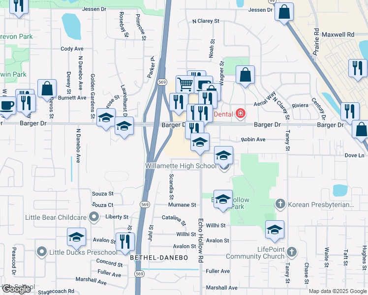 map of restaurants, bars, coffee shops, grocery stores, and more near 1990 Echo Hollow Rd in Eugene
